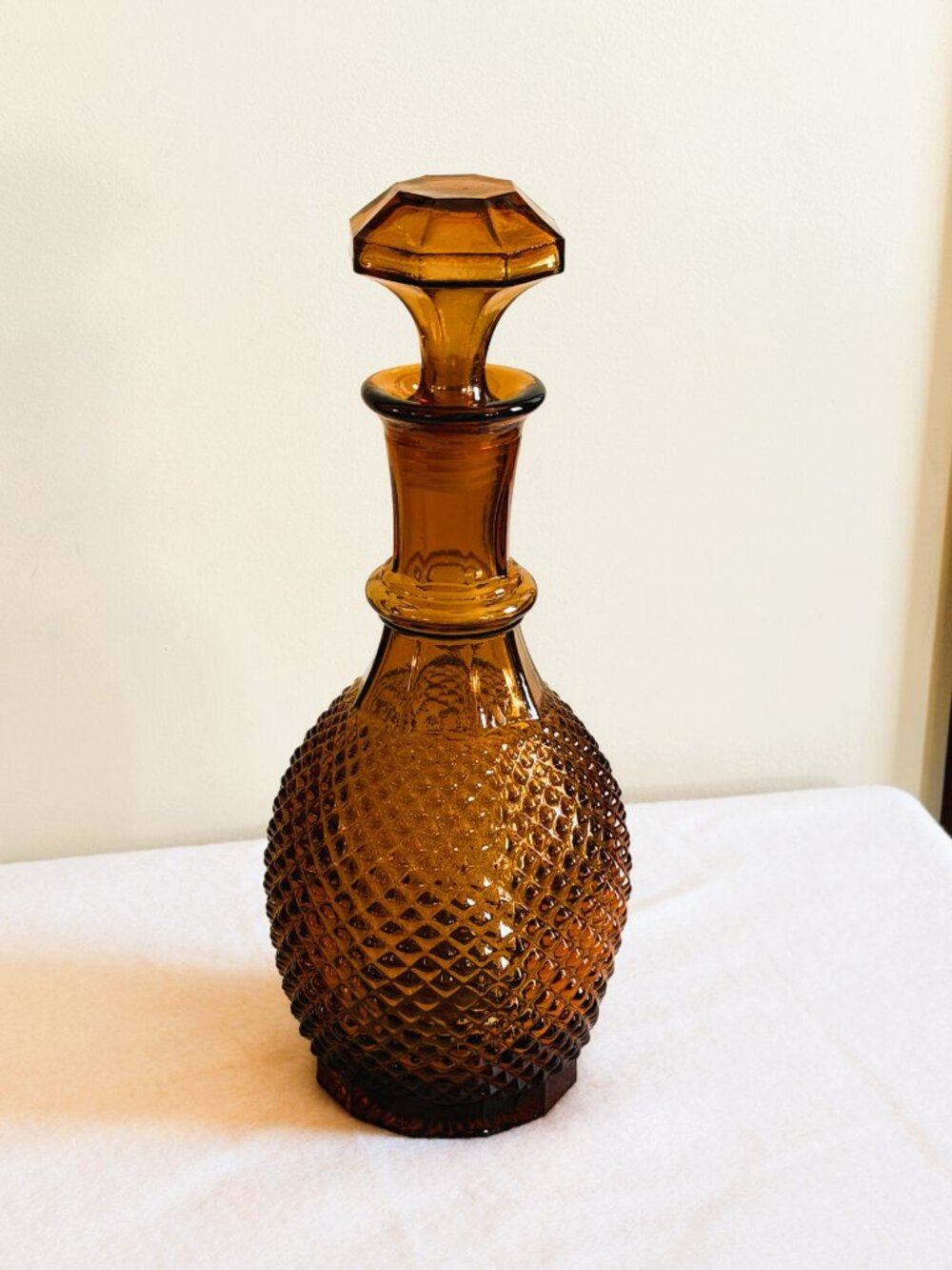 Vintage Amber Glass Genie Bottle Decanter Diamond Point MCM Barware Stopper 12'
